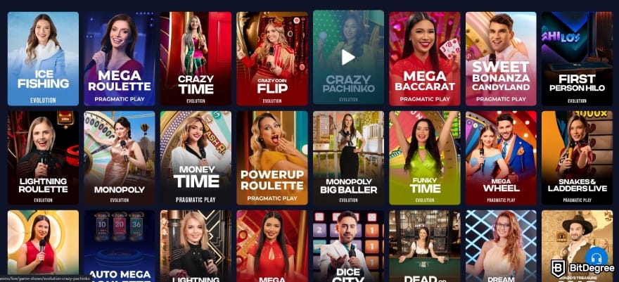 Rainbet review: live casino lobby showing game show and table titles.