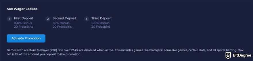 Rainbet review: 40x wager locked promotion details.