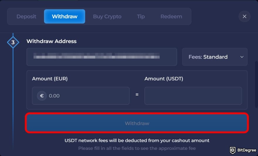 Rainbet review: paste the wallet address and input the amount to withdraw.