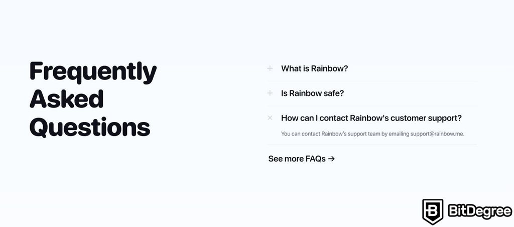 Rainbow wallet review: Rainbow wallet's FAQs section highlighting the wallet's customer support question.