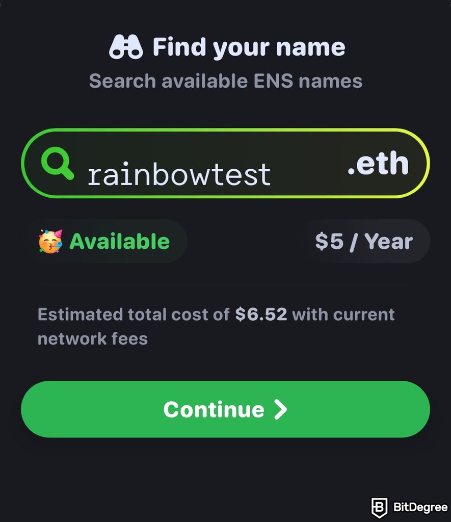 Rainbow wallet review: Rainbow wallet app's Find your name screen with the 'rainbowtest' typed in the text field.