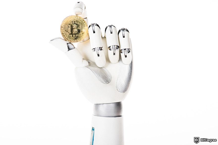 Raydium review: a white robotic hand holding a gold BTC coin.