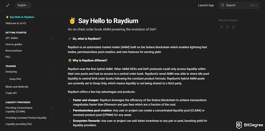 Đánh giá Raydium: trang tài liệu trên trang web của Raydium.