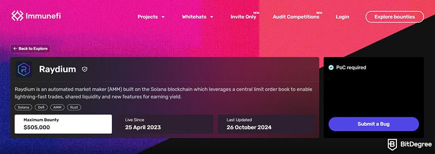 Raydium review: Raydium's bug bounty listing on Immunefi.