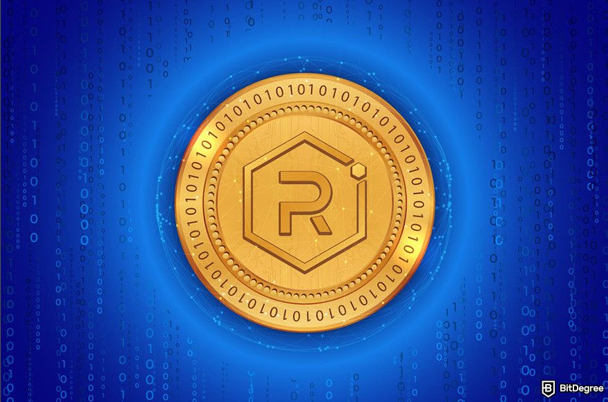 Raydium review: a gold coin with the Raydium logo engraved on it in front of a blue background.