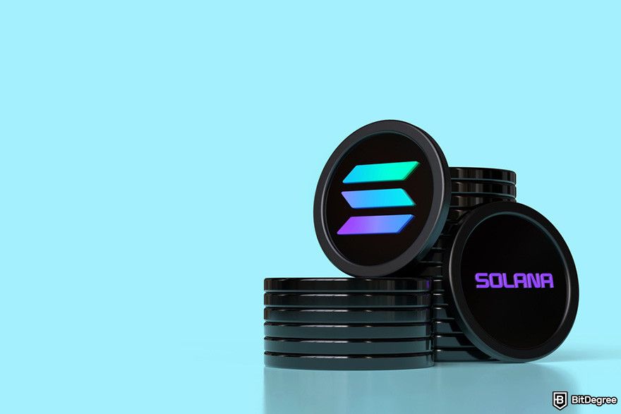 Raydium review: stacks of black SOL coins in front of a blue background.