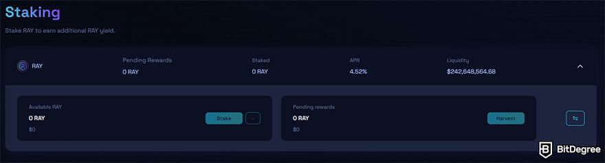 Đánh giá Raydium: giao diện để staking RAY trên trang web của Raydium.