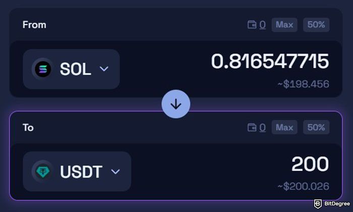 Raydium отзывы: обмен токенов SOL на USDT стоимостью $200 на Raydium.