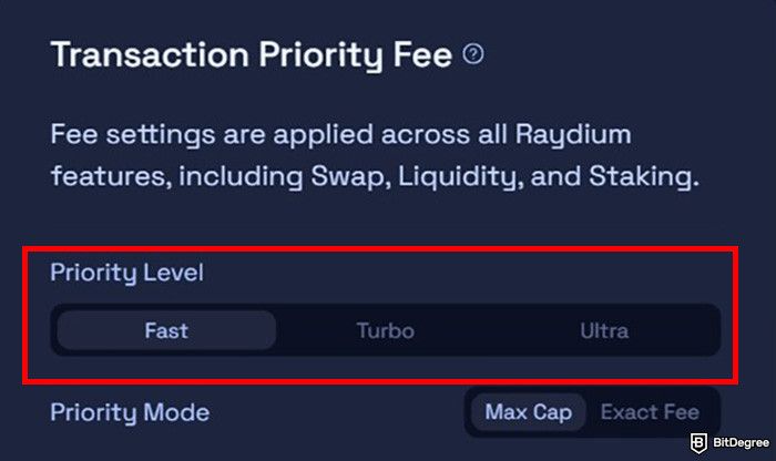 Raydium review: the transaction priority fee setting on Raydium.