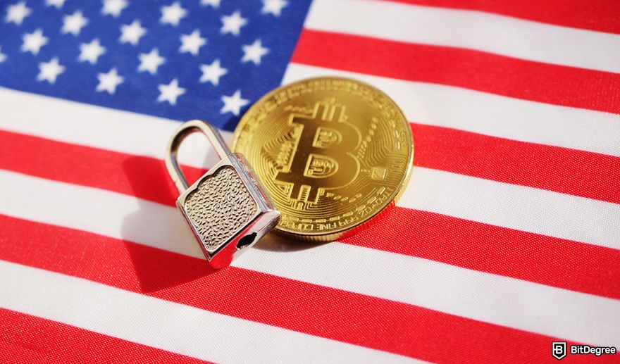 Raydium review: the BTC coin and a padlock on the United State's national flag.