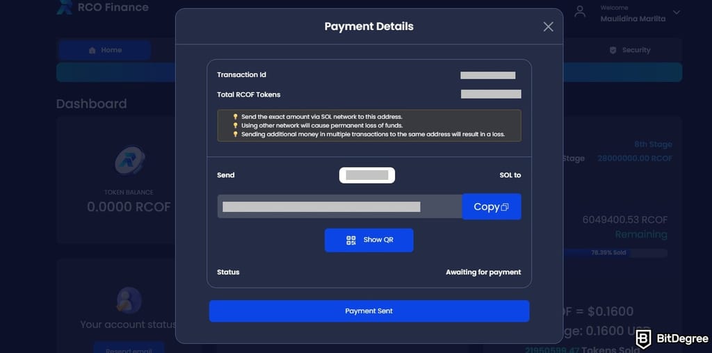 RCO Finance reviews: the RCOF token payment details.