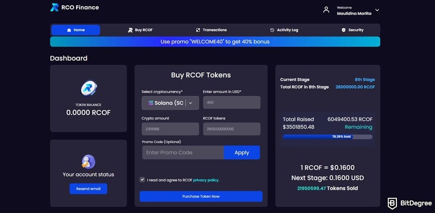 RCO Finance reviews: the Home section of RCO Finance's presale site.