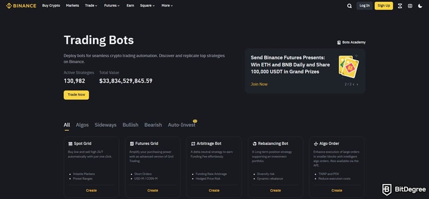 RCO Finance review: Binance's trading bot page.
