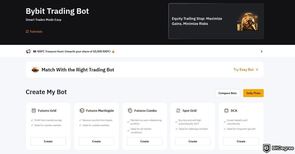 RCO Finance reviews: Bybit's trading bot page.