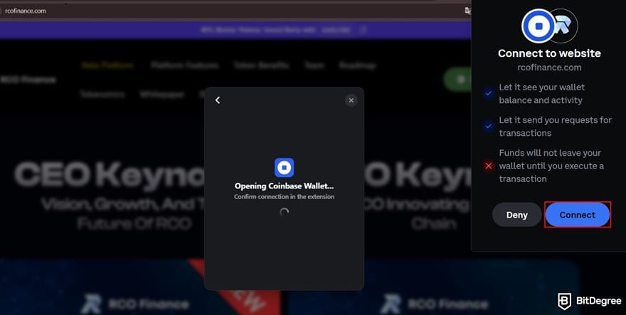 RCO Finance reviews: the [Connect] button outlined on the Coinbase Chrome extension.