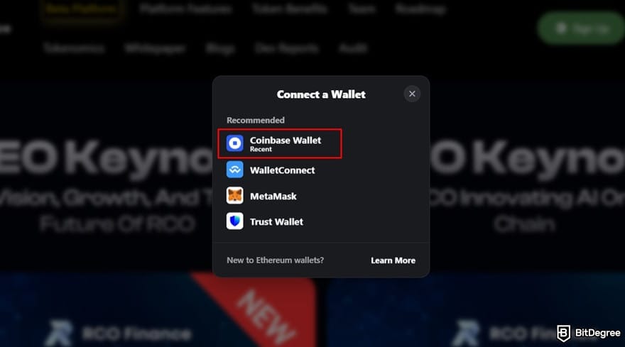 RCO Finance reviews: connecting to Coinbase Wallet.