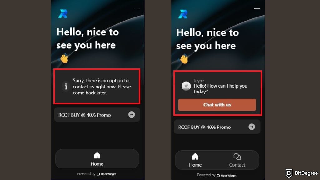 RCO Finance reviews: customer support unavailable message and live chat option with agent on RCO Finance presale portal.