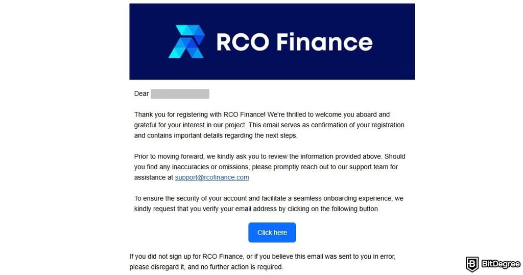 RCO Finance reviews: email verification.