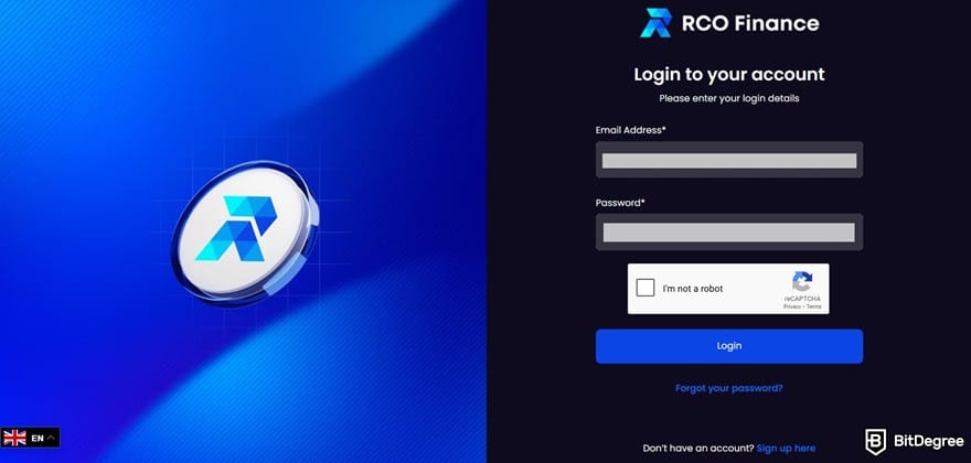 RCO Finance reviews: the login form to the RCO Finance's presale portal.