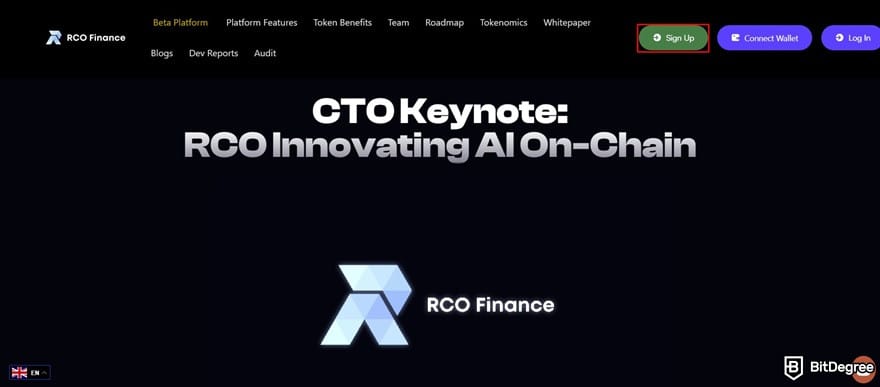 RCO Finance reviews: the sign-up button on the RCO Finance presale portal.