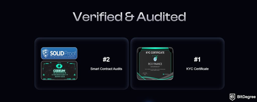 RCO Finance reviews: the verification and audit cerficates from SolidProof and Codeum.
