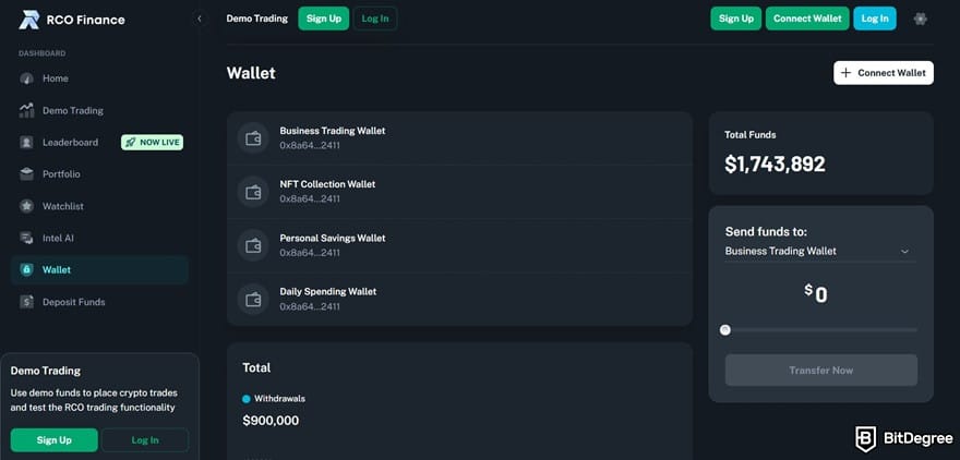 RCO Finance reviews: the wallet interface.