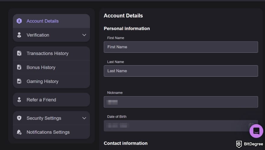 Reels.io casino review: account details interface after signing up.