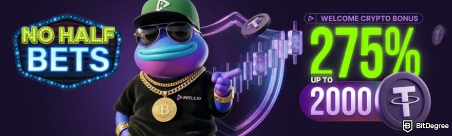 Reels.io casino review: banner ads for the welcome bonus.