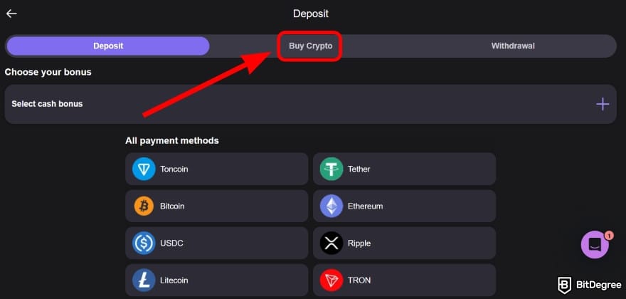 Reels.io casino review: navigate to the [Buy Crypto] tab.