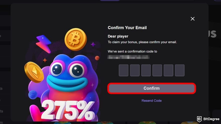 Reels.io casino review: enter the confirmation code.