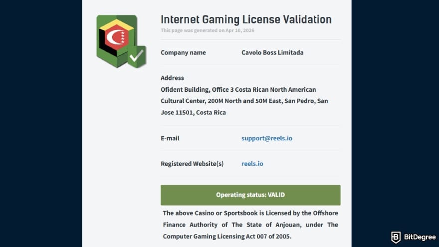 Reels.io casino review: internet gaming license validation.