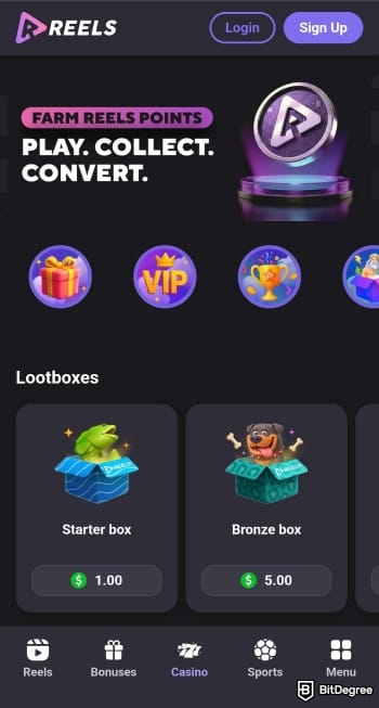 Reels.io casino review: mobile interface of the website.