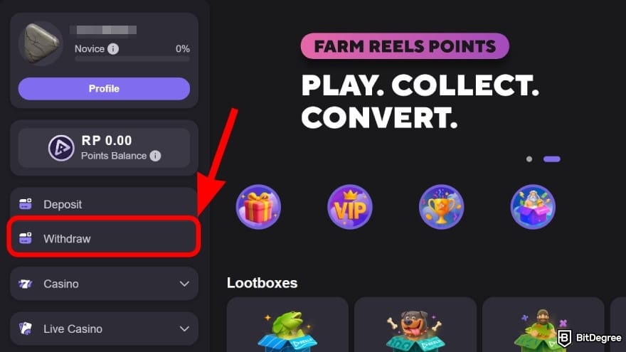 Reels.io casino review: select the [Withdraw] button.