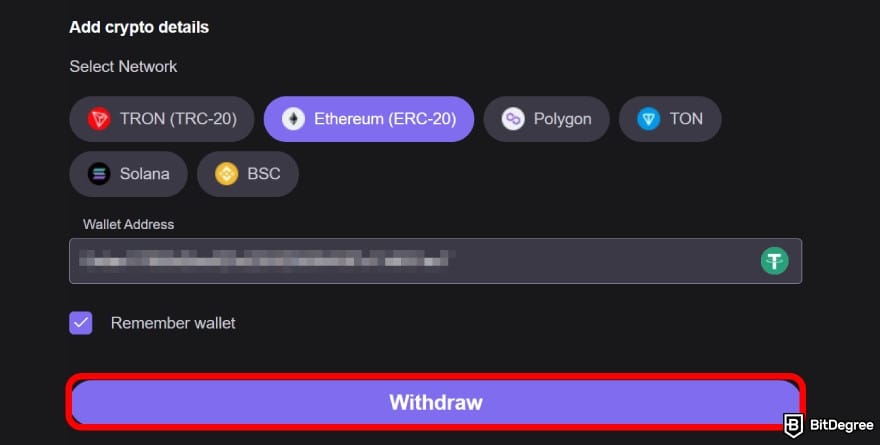 Reels.io casino review: select the network and paste the address.