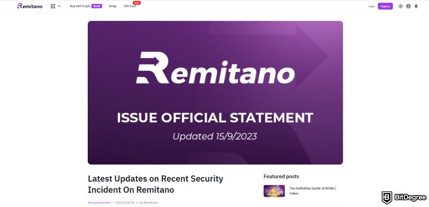 Remitano review: the issue official statement on the recent security incident.