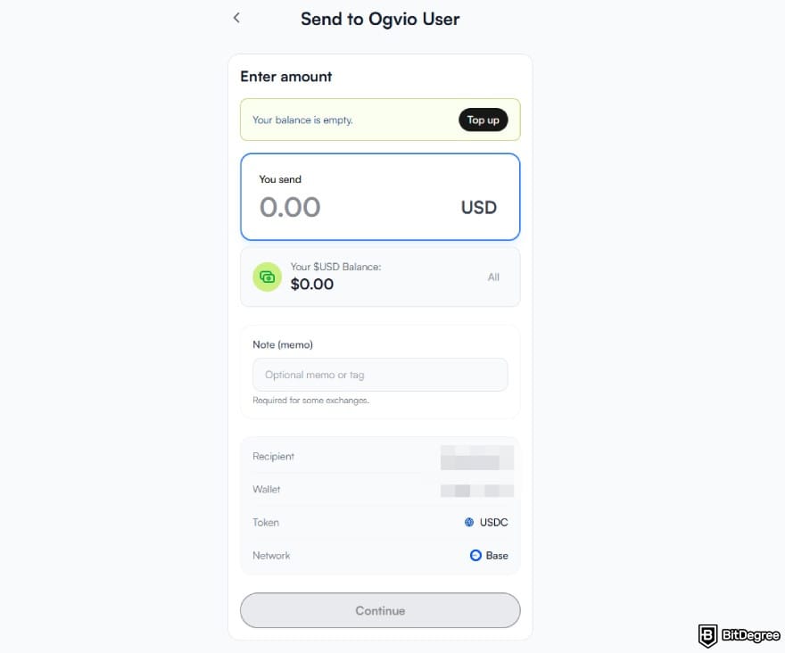 Remitly alternative: enter the amount to transfer to another Ogvio user.