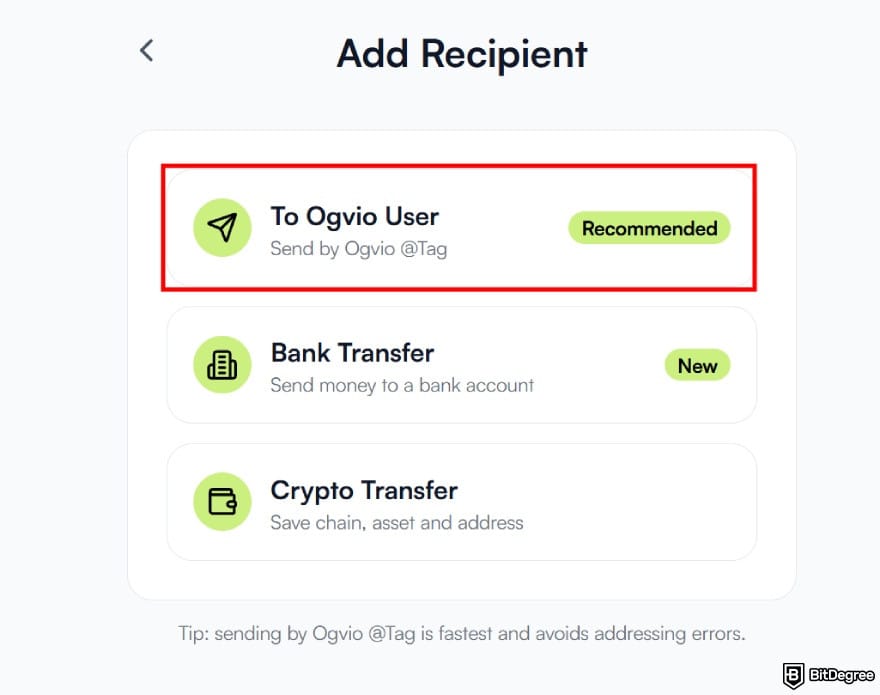 Remitly alternative: [To Ogvio User] sending option.