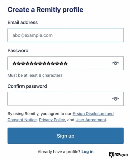 Remitly review: create a Remitly profile.