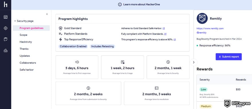 Remitly review: HackerOne bug bounty program.