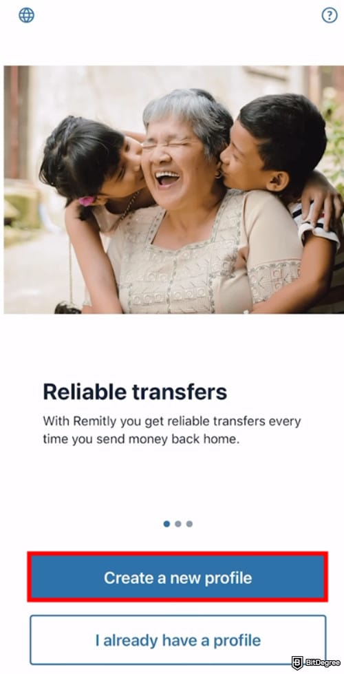 Remitly review: Remitly's sign up page with the [Create a new profile] button highlighted.