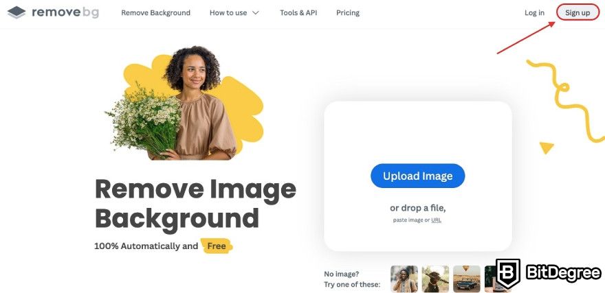 Remove.bg review: red arrow pointing to Sign Up button.