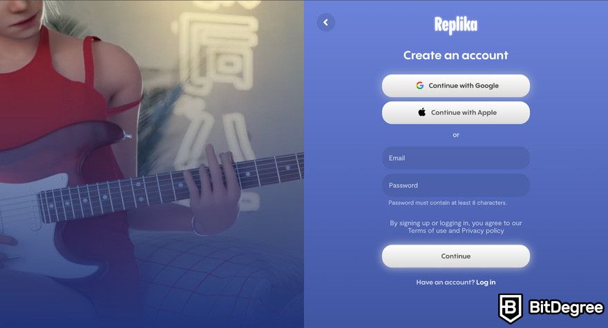 Replika AI review: signup page.