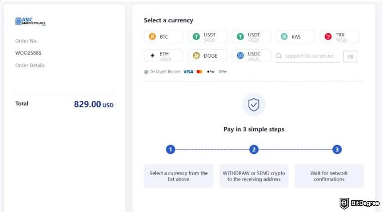 Reseña de ASIC Marketplace: Elegir Método de Pago.