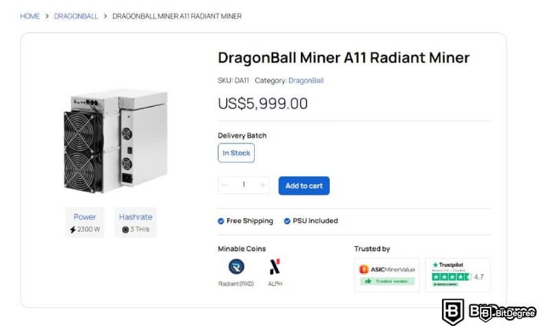 Reseña de ASIC Marketplace: Página de DragonBall Miner A11.