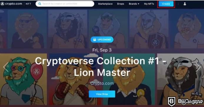 Reseña de Crypto.com NFT: Botón de Crear.