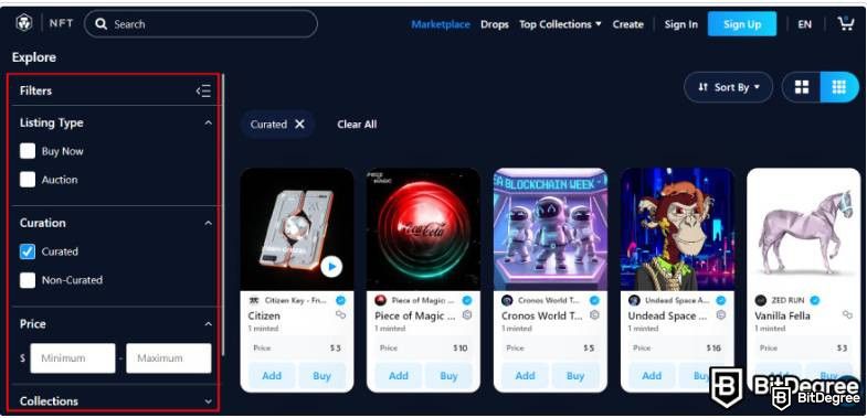 Reseña de Crypto.com NFT: Filtros.