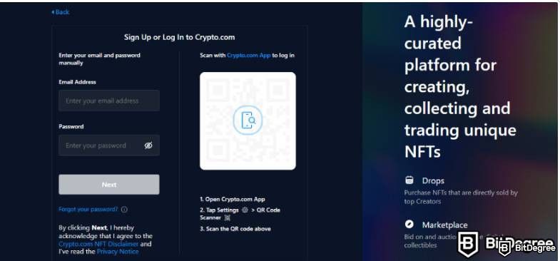 Reseña de Crypto.com NFT: Página de Inicio de Sesión.
