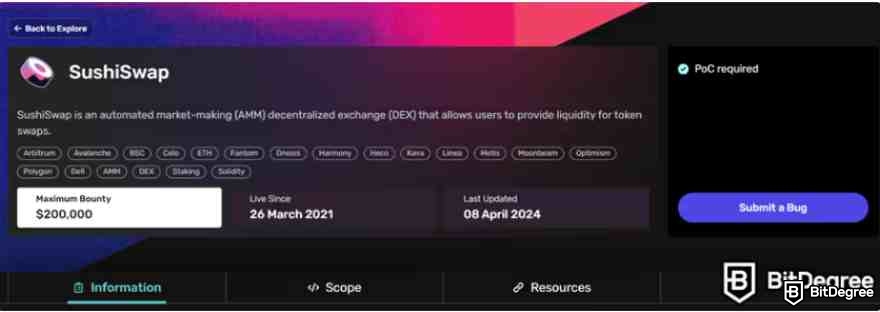 Reseña de SushiSwap: Programa de recompensas por error, bug bounty.
