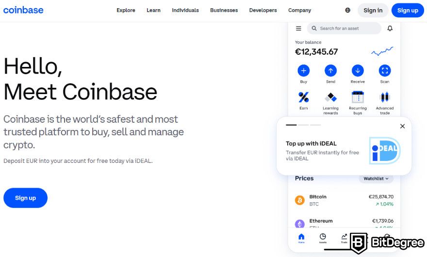 Review Coinbase: Laman utama situs Coinbase.