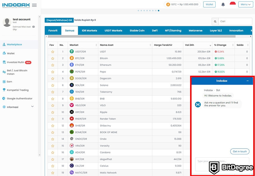 Review Indodax: fitur live chat di website Indodax.